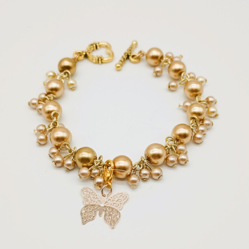 Dainty Gold Cluster Pearl Bracelet  7.5" Butterfly Charm Handmade Made in USA